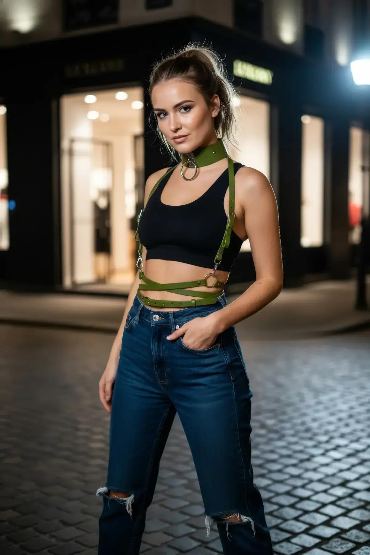 Faux Leather Body Harness with Choker and O-Ring Details