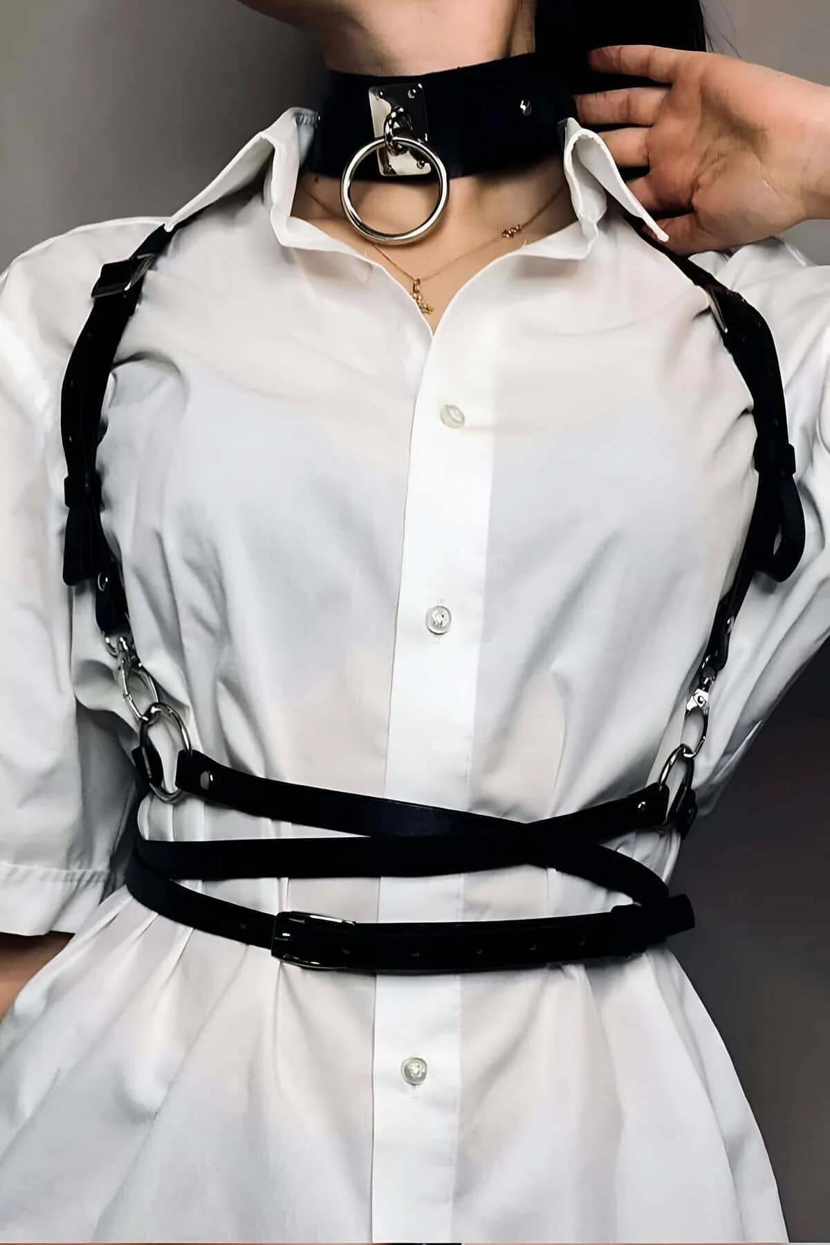 Adjustable Leather Body Harness Belt & Choker Set