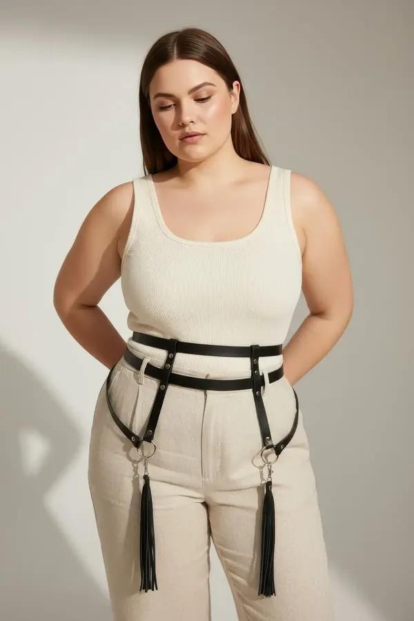 ខ្សែក្រវ៉ាត់ harness ស្បែក ពណ៌ ខ្មៅ ម៉ូដ ត្រគាក ជាមួយ ភ្នួង ស្បែក វែង និង កង O-Ring លើ ខោ ខូវប៊យ