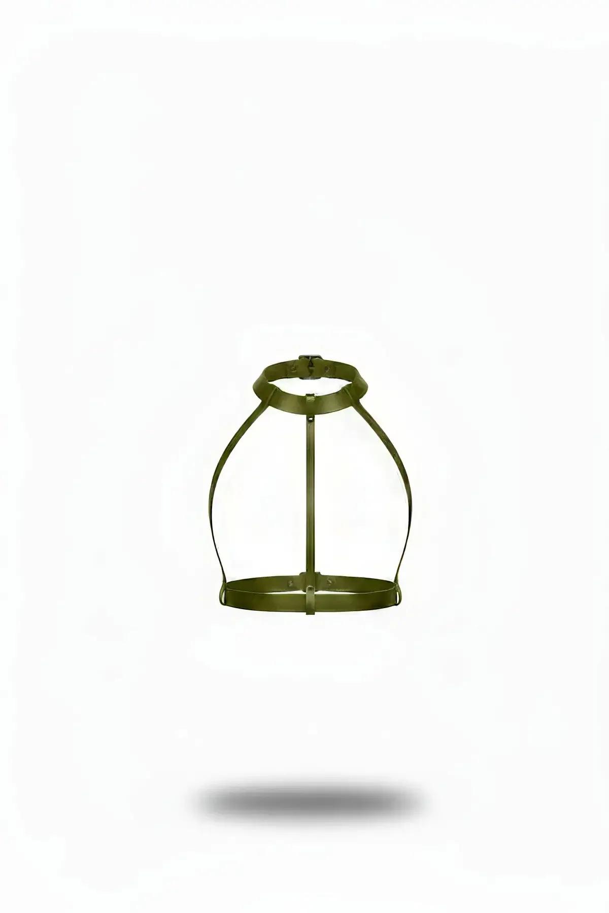 Khaki Faux Leather Chest Harness with Choker Detail
