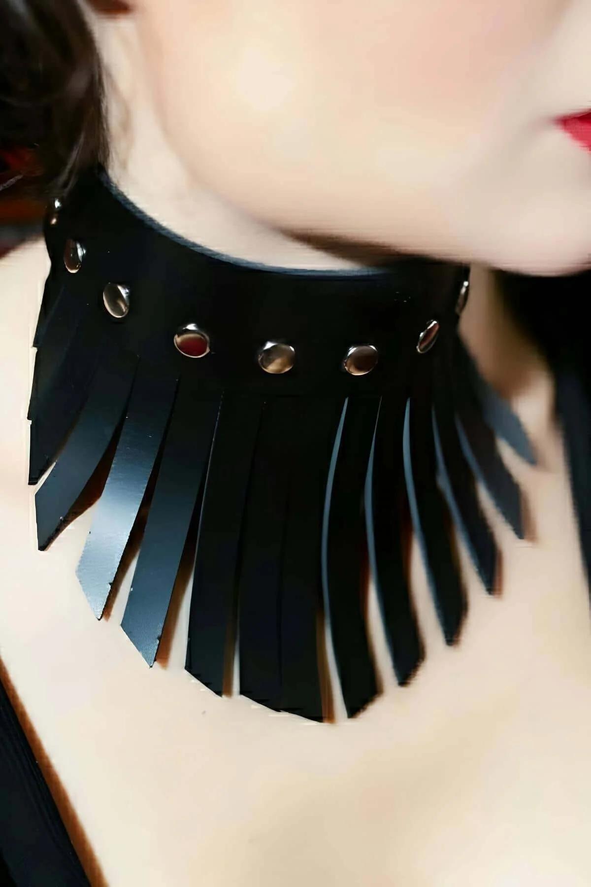 Black Leather Choker Collar with Fringe Tassels & Studs