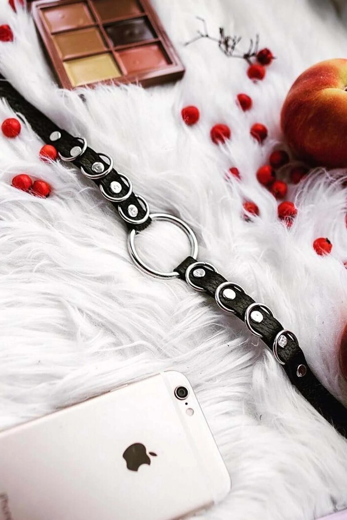 Adjustable Leather Choker with O-Ring and Stud Details