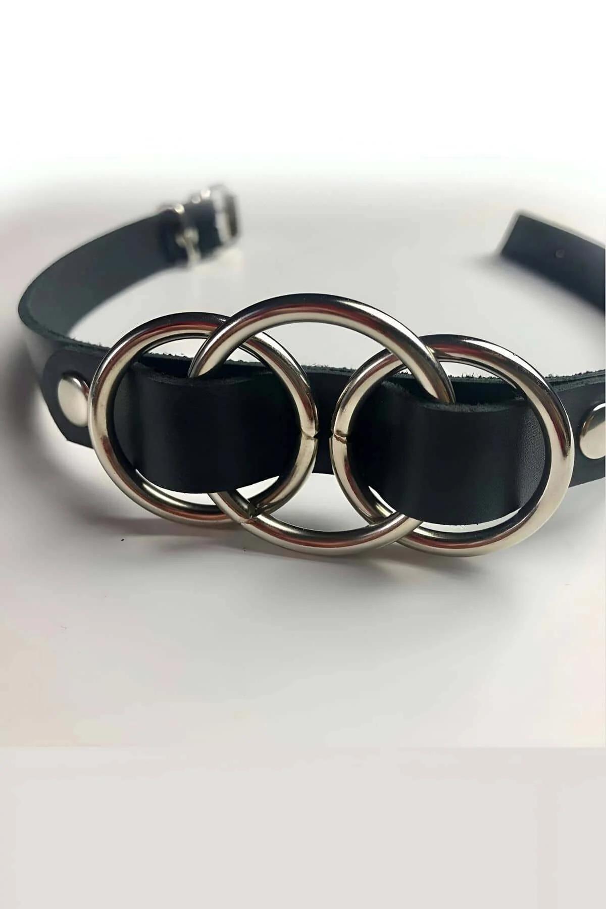 Adjustable Leather Choker with Triple Interlocking Rings