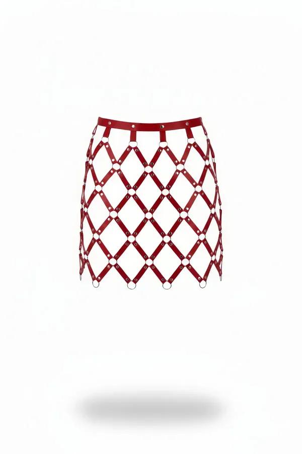Red Faux Leather Lattice Mini Skirt with O-Rings