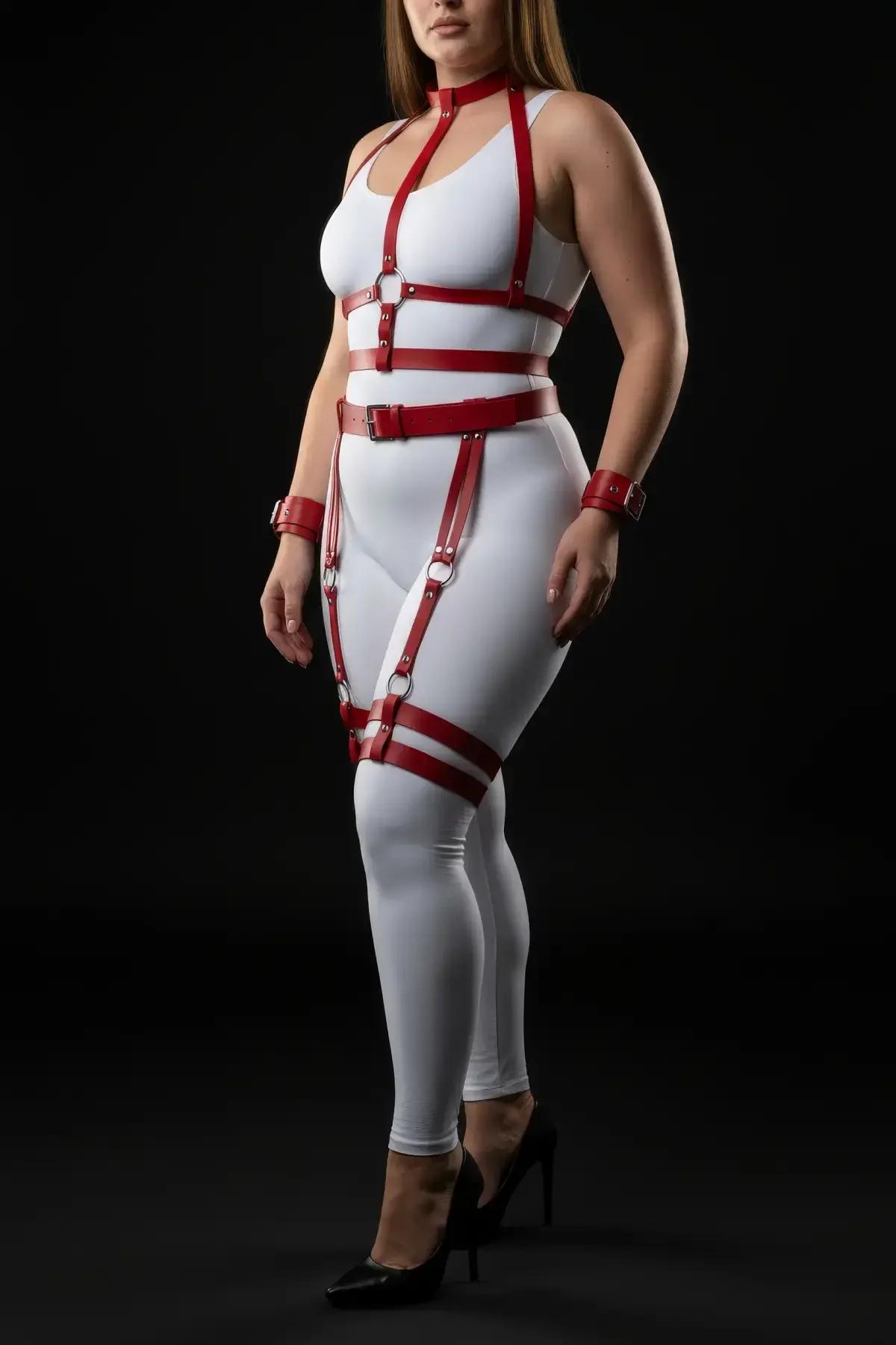 Red Full Body Harness Set with Garter Straps & Cuffs