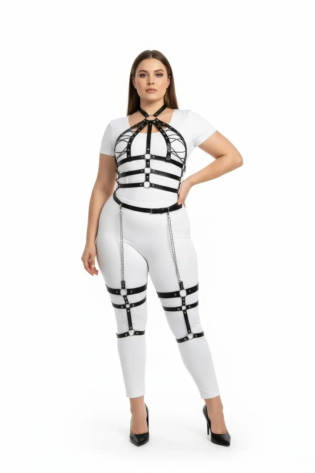 Plus Size Faux Leather Full Body Harness with Thigh Chains
