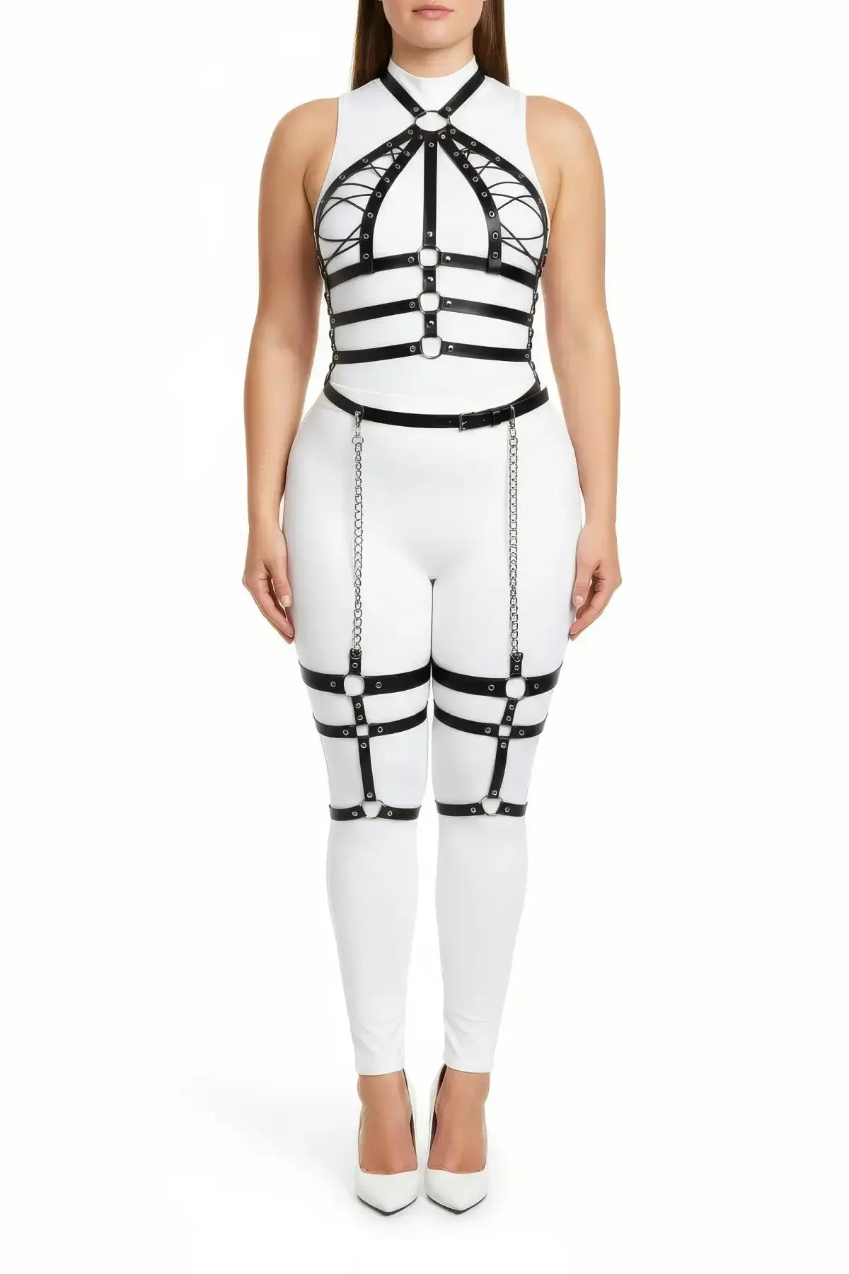 Plus Size Faux Leather Full Body Harness with Thigh Chains