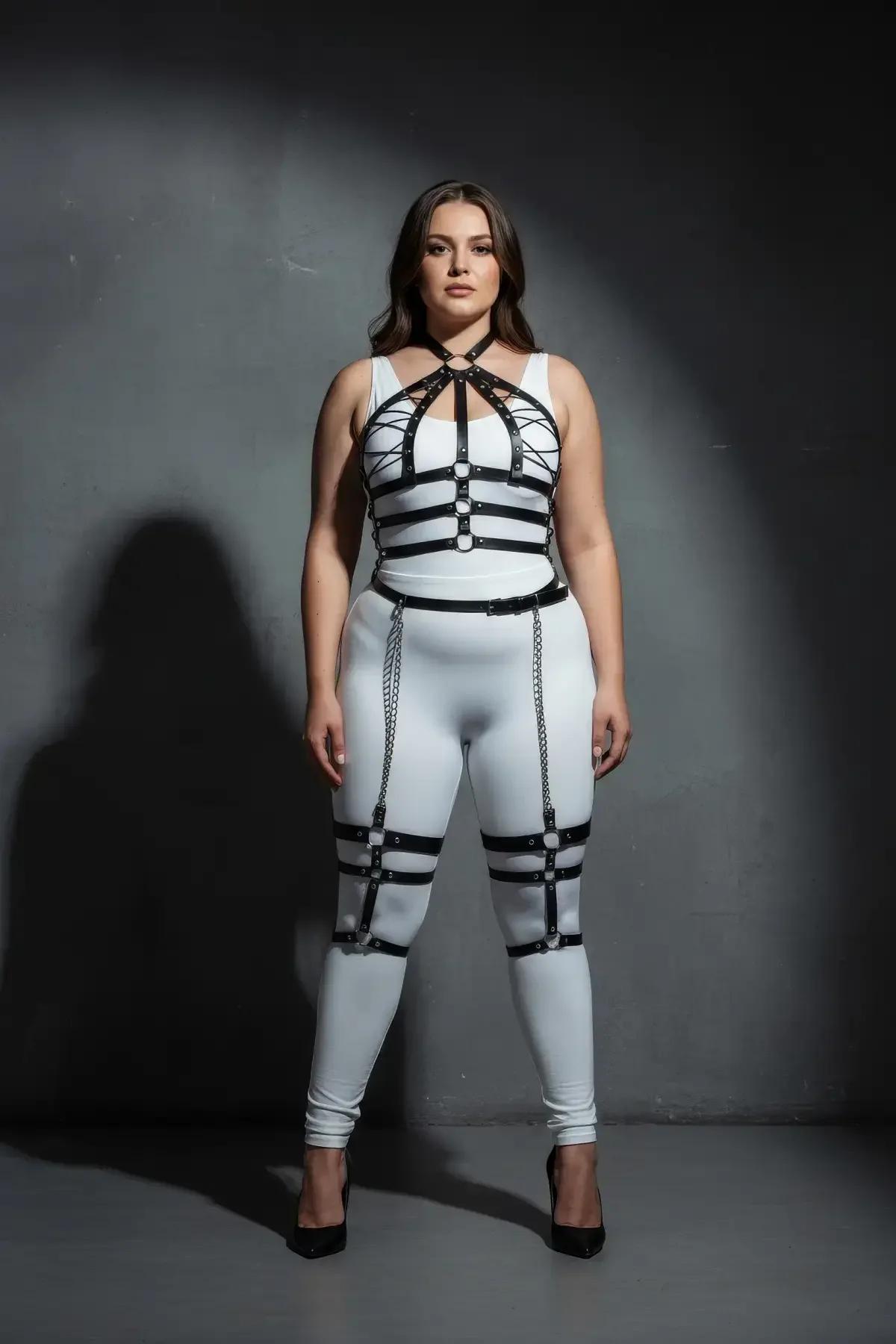 Plus Size Faux Leather Full Body Harness with Thigh Chains
