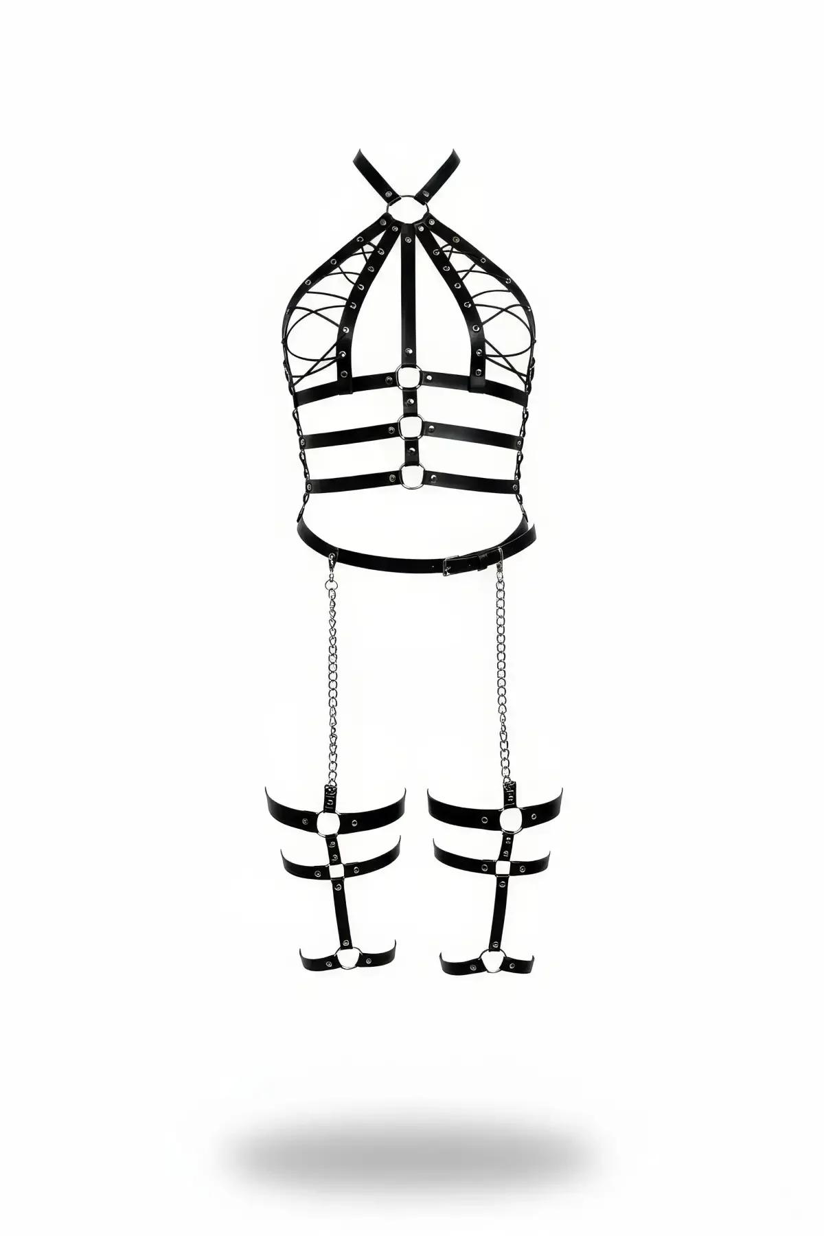Halter Neck Faux Leather Body Harness with Detachable Leg Garters