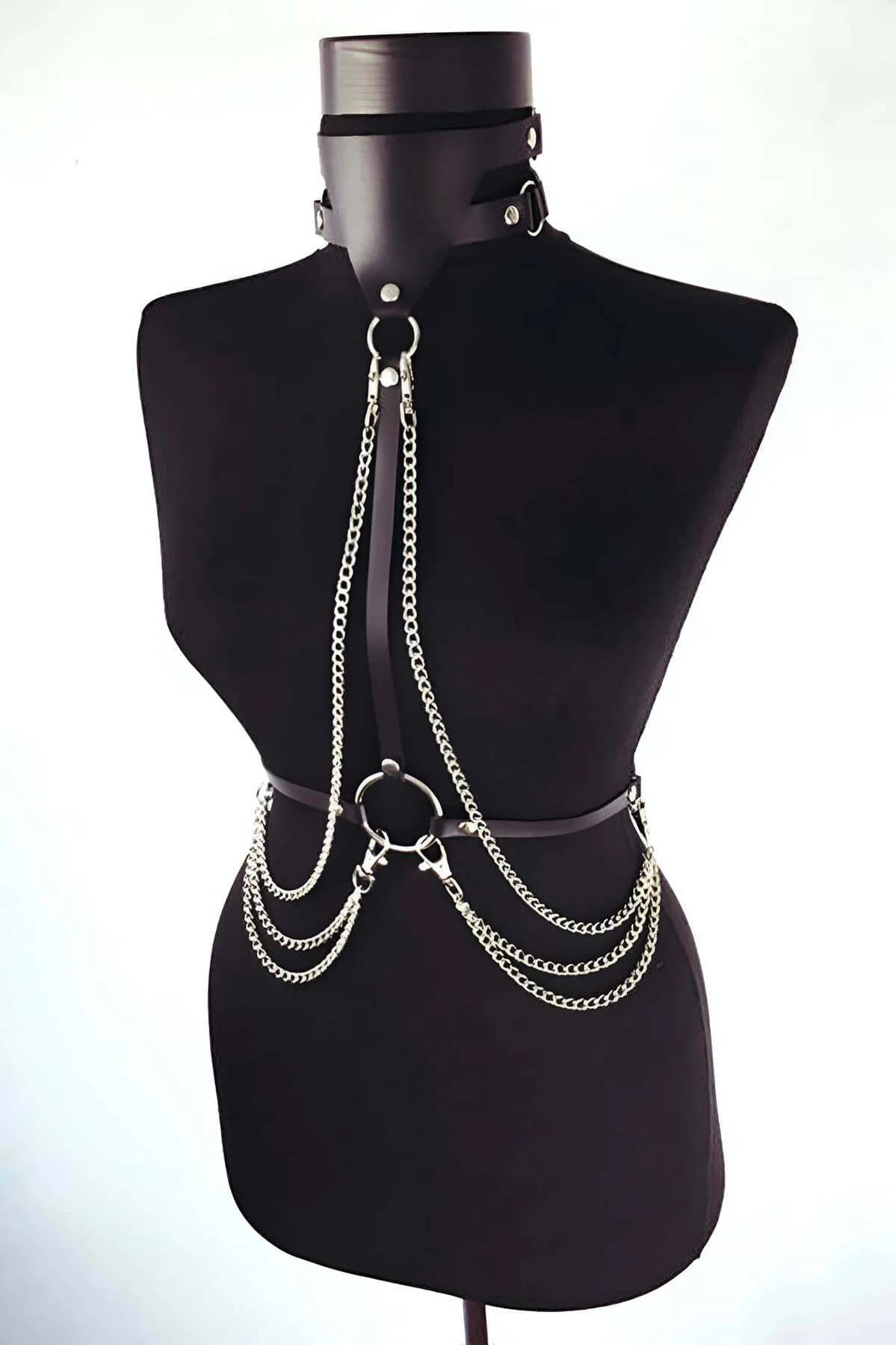 Faux Leather Chest Harness with Adjustable Chains & Choker
