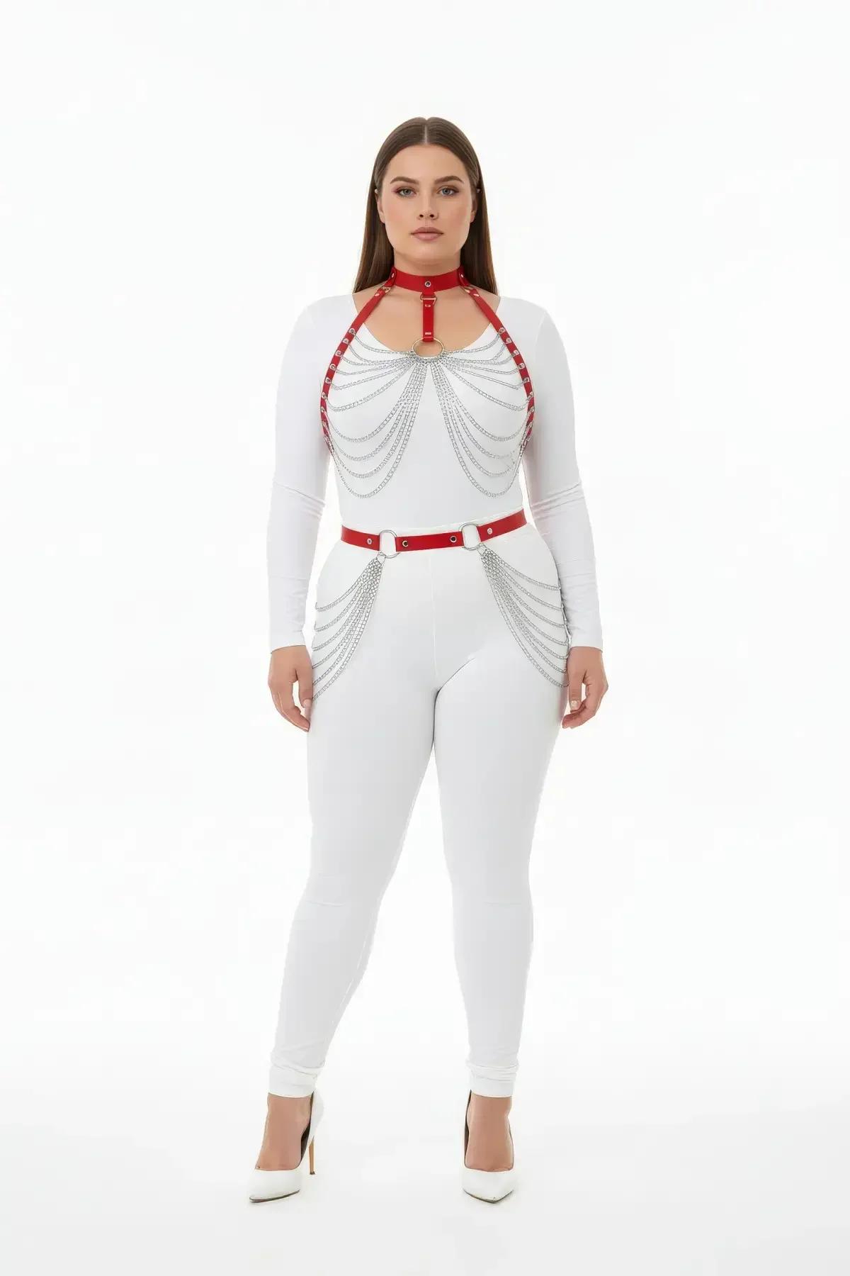 Red Faux Leather Body Harness with Draped Chains