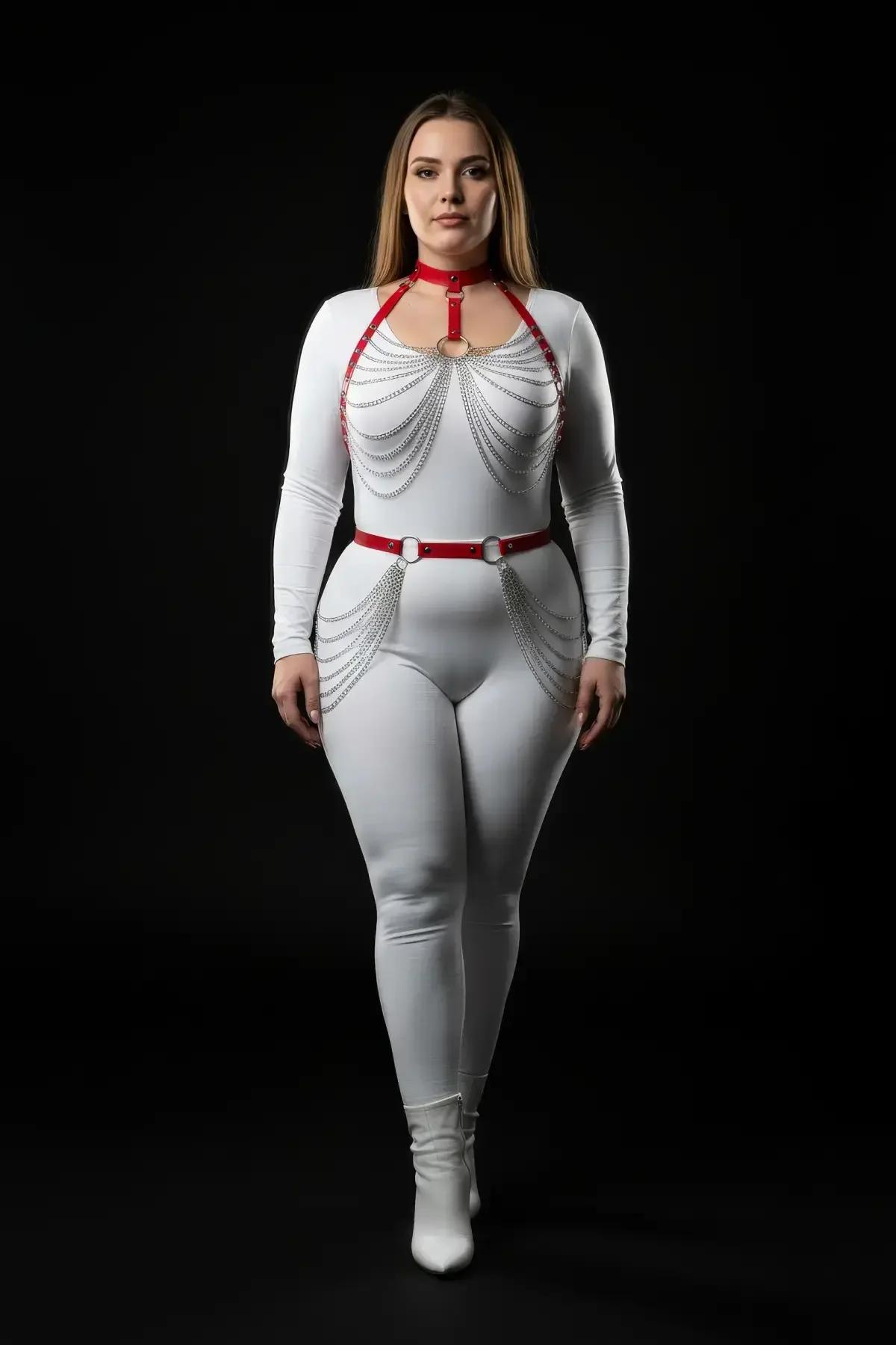 Red Faux Leather Body Harness with Draped Chains