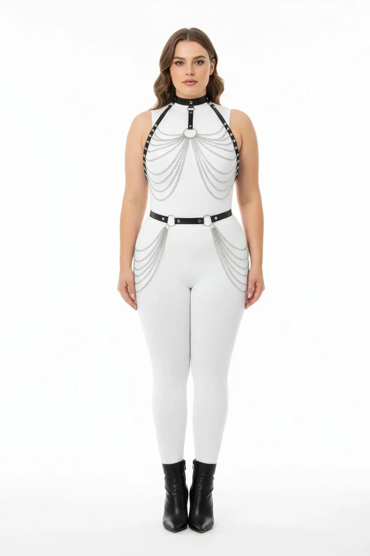 Faux Leather Harness Set with Cascading Silver Chains
