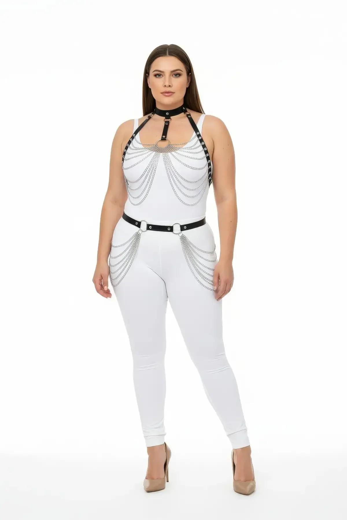 Faux Leather Harness Set with Cascading Silver Chains