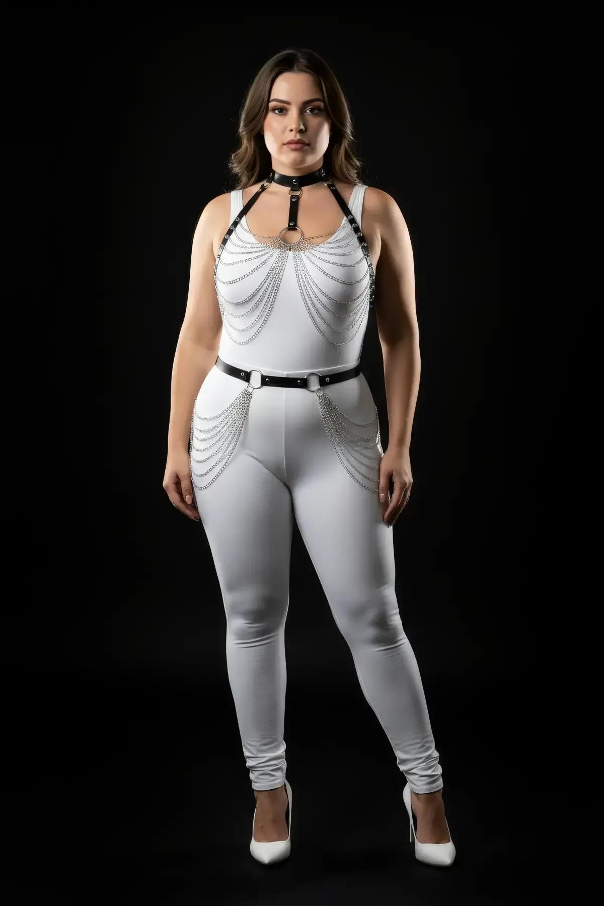 Faux Leather Harness Set with Cascading Silver Chains