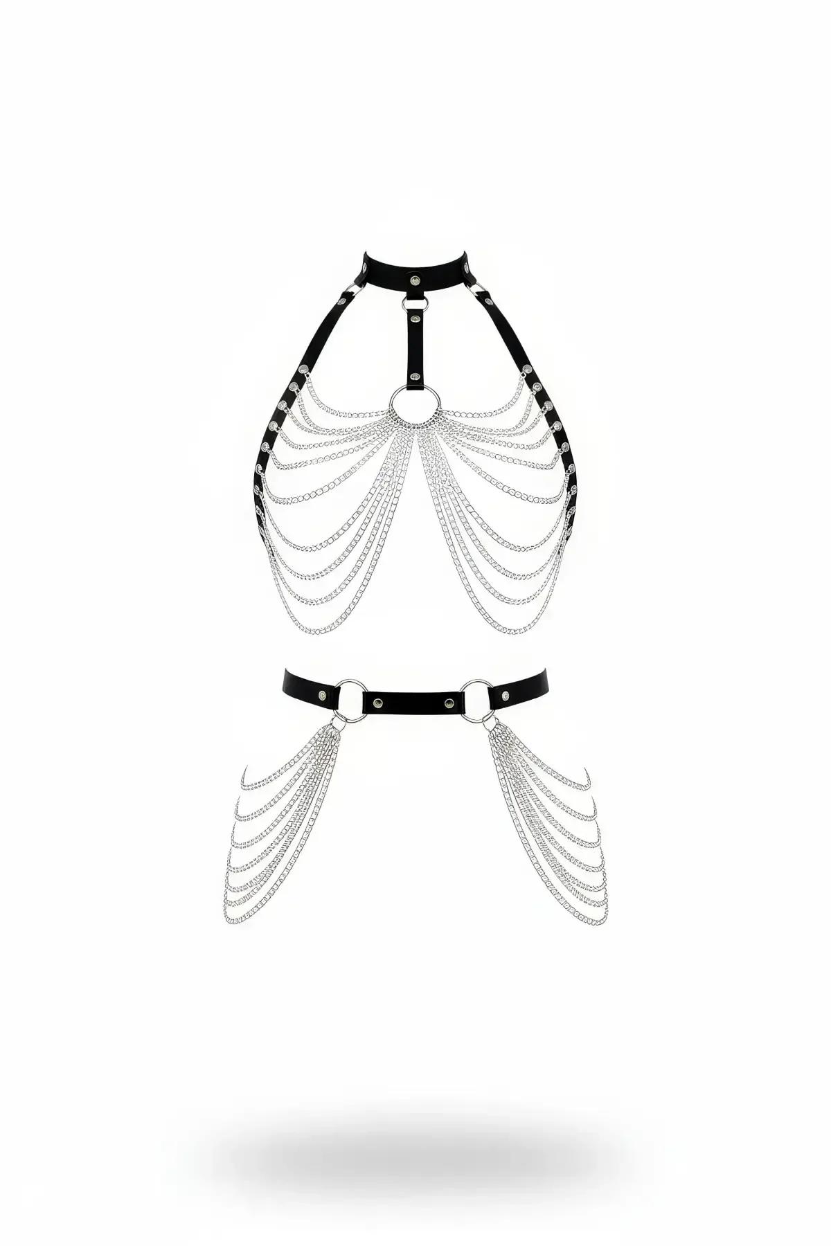 Halter Neck Faux Leather Body Harness & Waist Chain Set