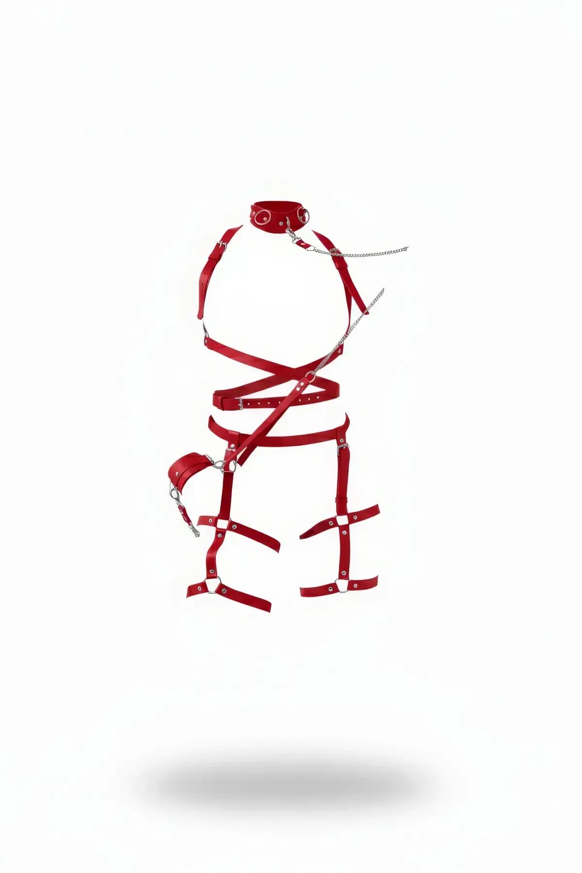Red Full Body Harness with Choker and Leg Garters