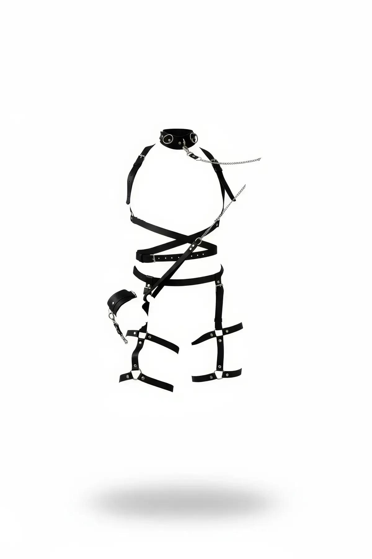 Full Body Harness with Leg Garters and Collar Chain
