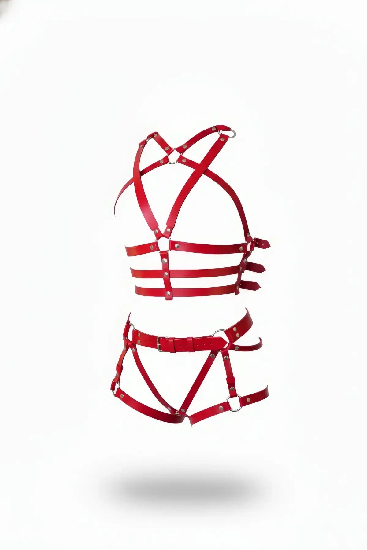Red Faux Leather Cage Harness Set with O-Rings