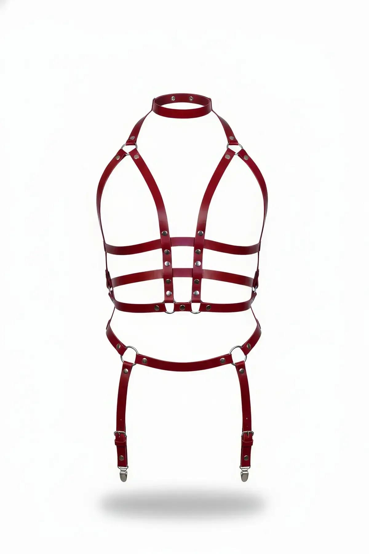 Claret Red Full Body Harness with Garter Straps