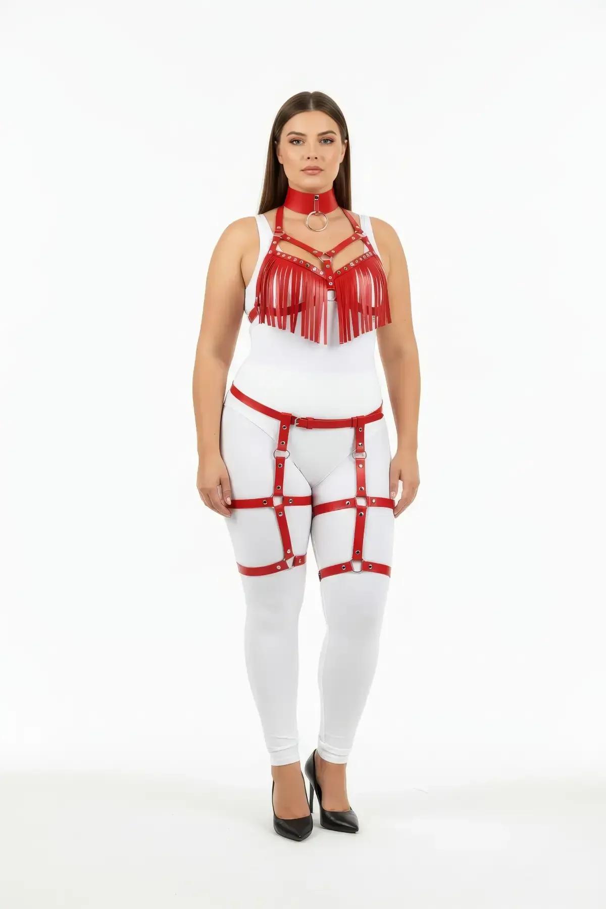 Red Faux Leather Fringe Harness Bra & Garter Set