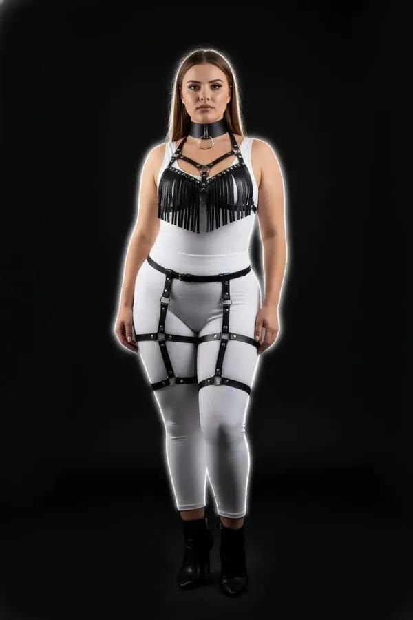 Fringed Faux Leather Harness Set with Garter Straps