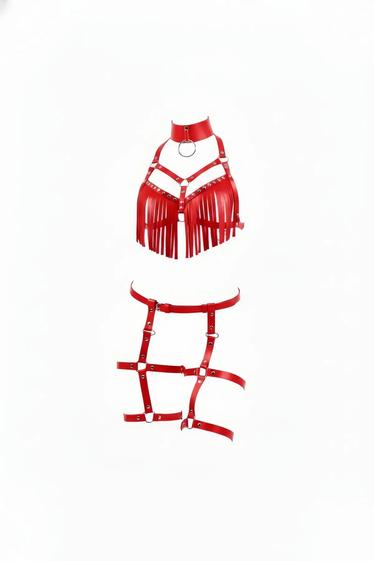 Red Fringed Vegan Leather Body Harness Set with Garter