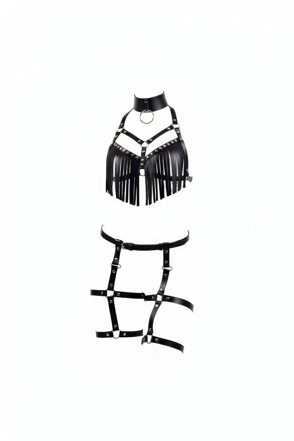 Fringed Faux Leather Harness with Studded Top & Thigh Straps