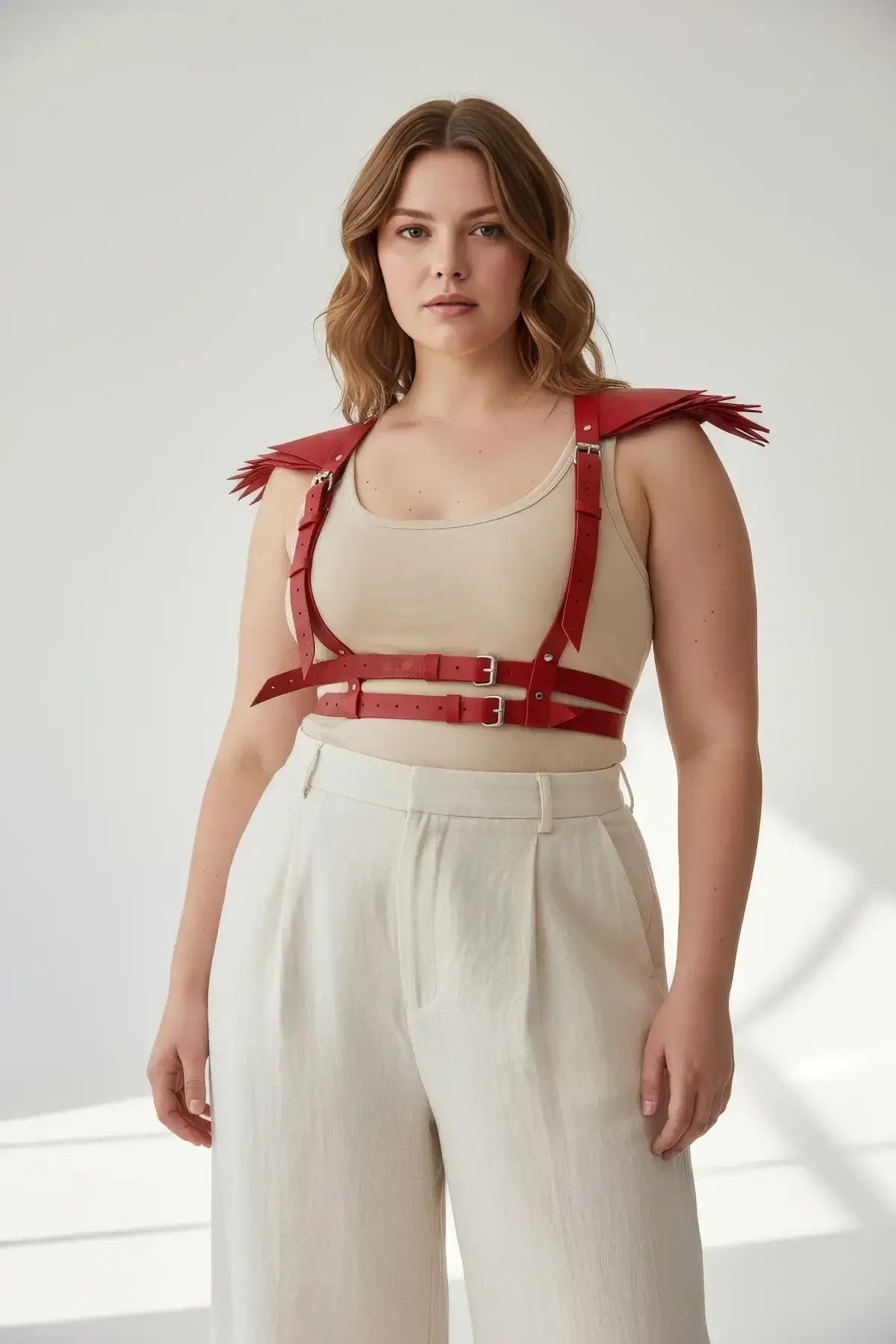 Red Faux Leather Shoulder Spikes Chest Harness Belt