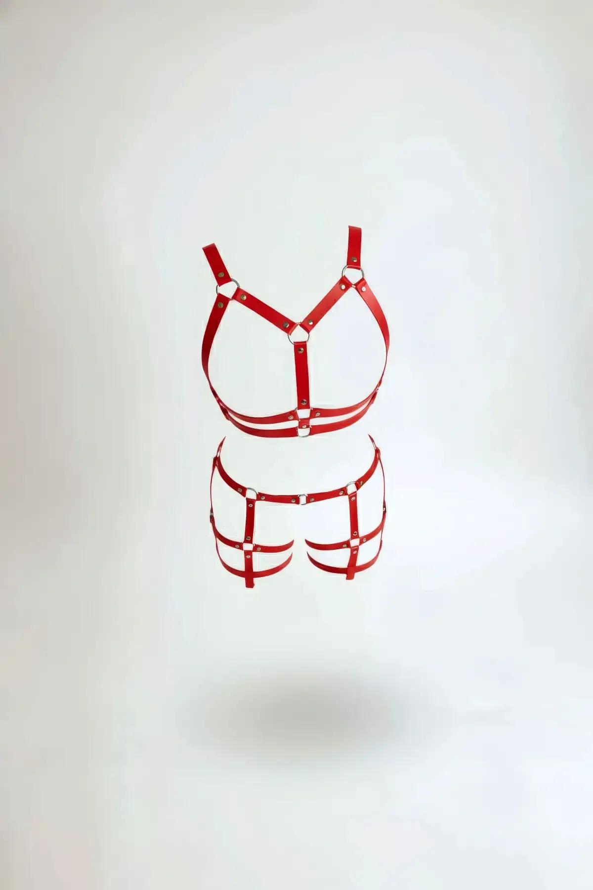 Red Faux Leather Body Harness Set with Garter Straps