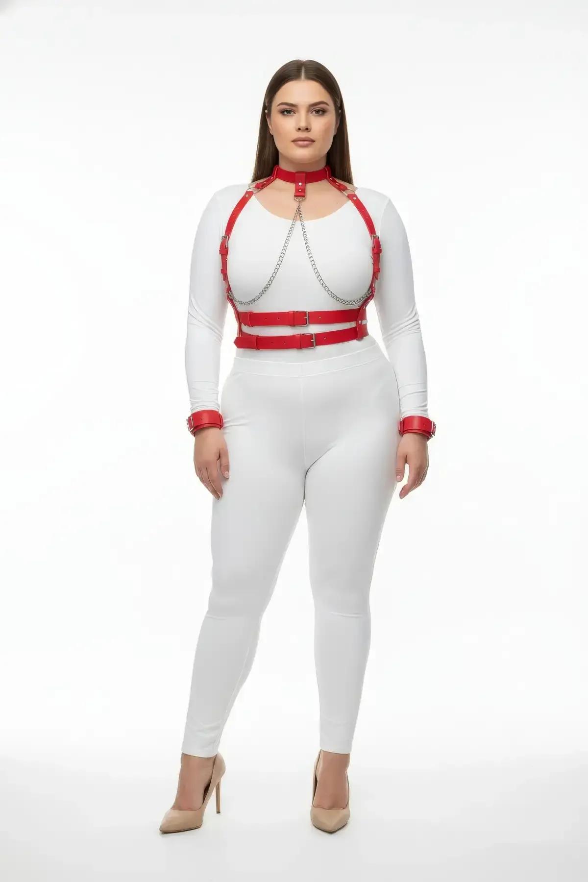 Red Faux Leather Chest Harness & Collar Set with Chain
