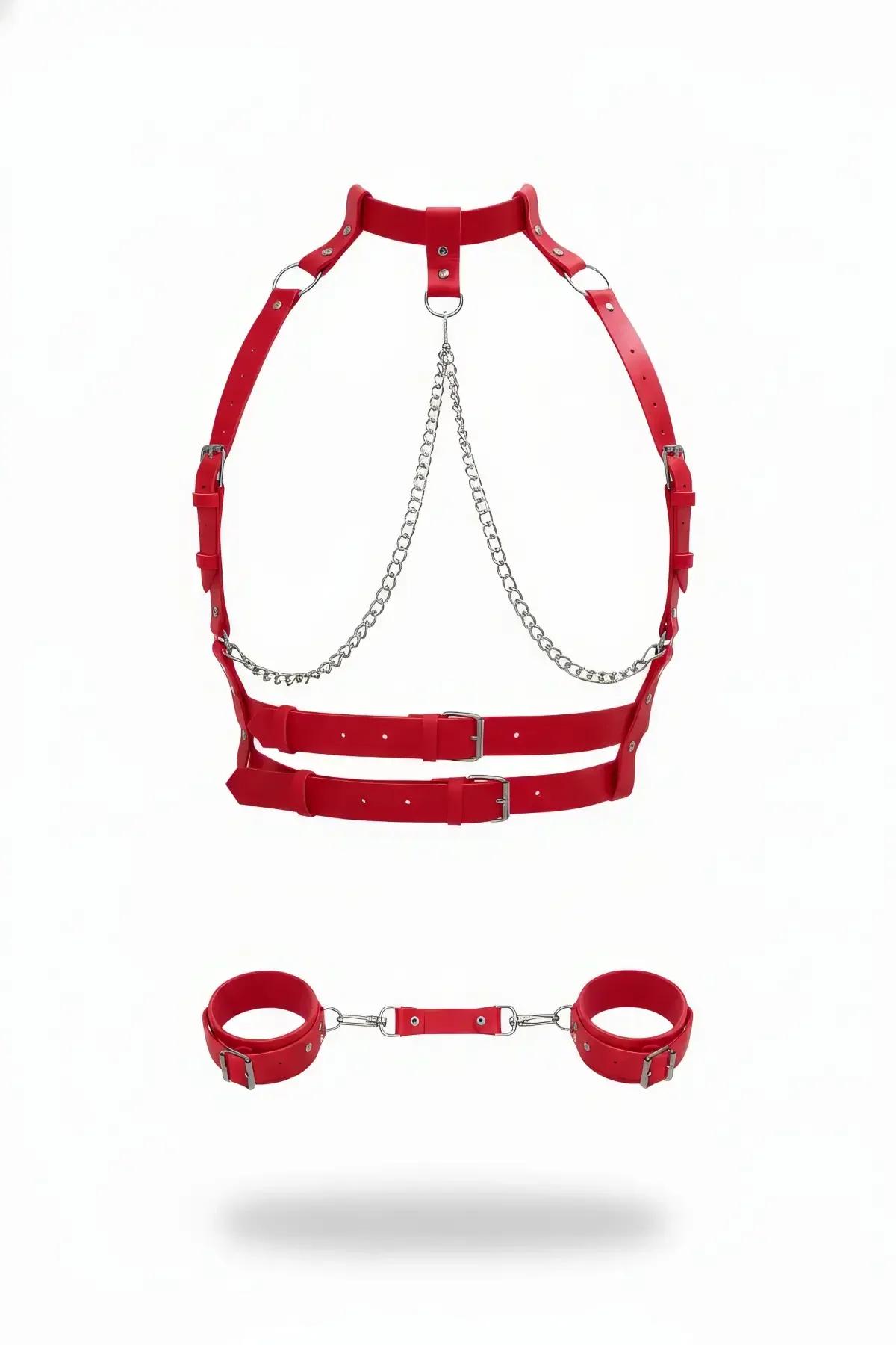 Red Faux Leather Body Harness with Detachable Wrist Cuffs