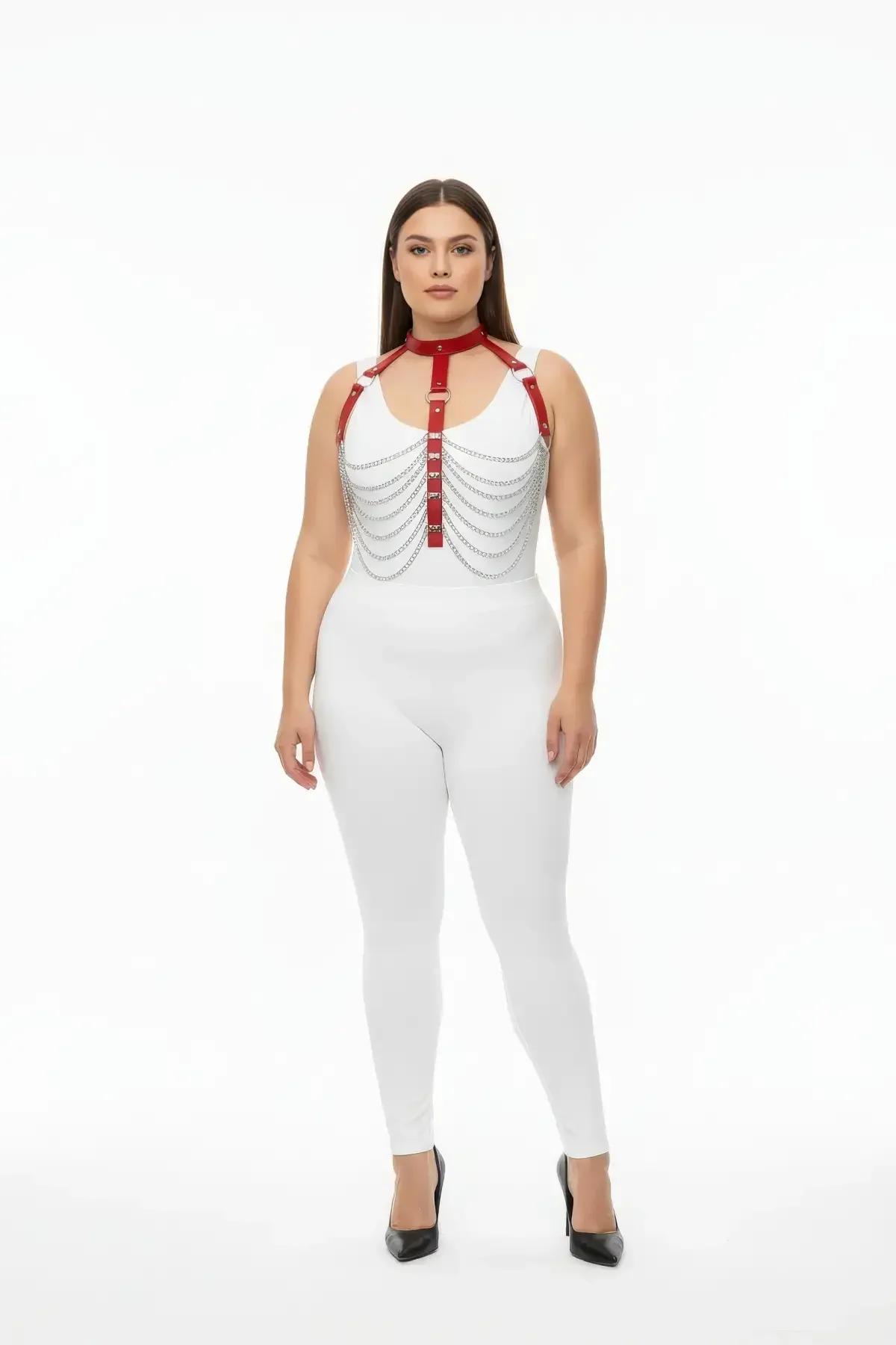 Chain Detail Red Faux Leather Body Harness