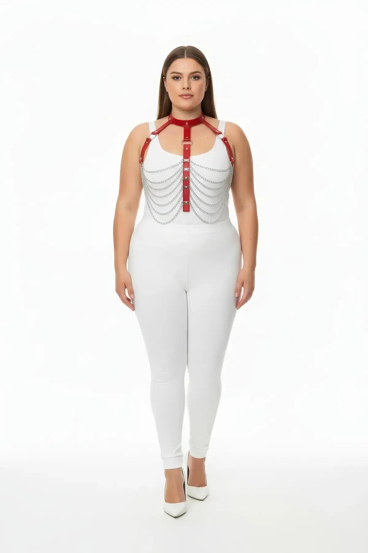 Chain Detail Red Faux Leather Body Harness