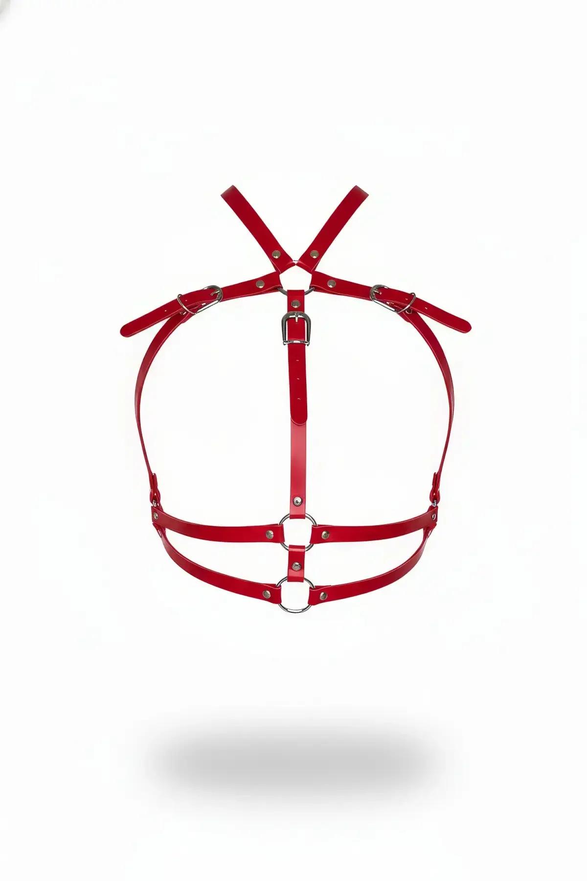 Red Faux Leather Chest Harness with O-Ring Details