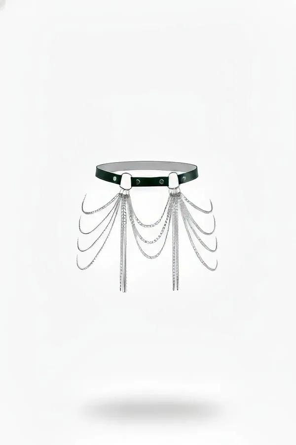 Faux Leather Waist Harness with Draped Silver Chains