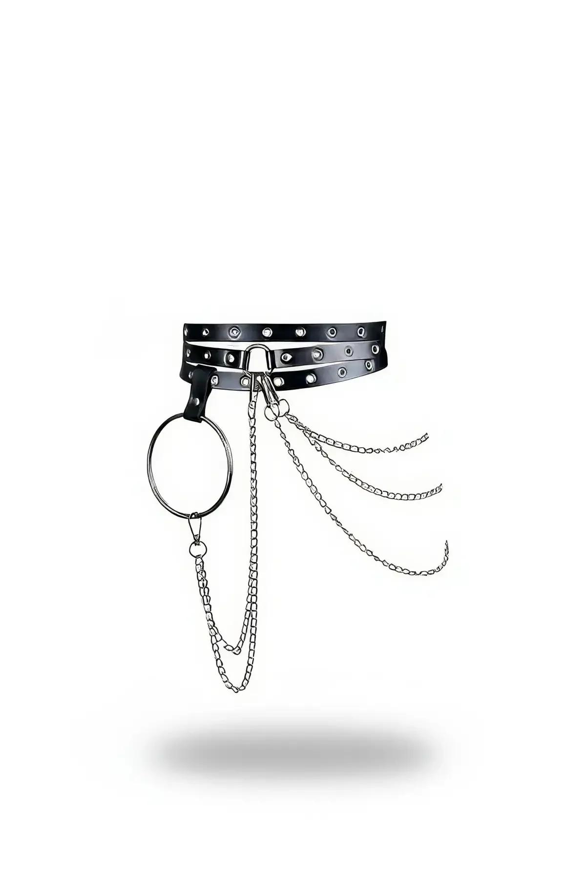 Triple-Strap Faux Leather Waist Harness with O-Ring Chains