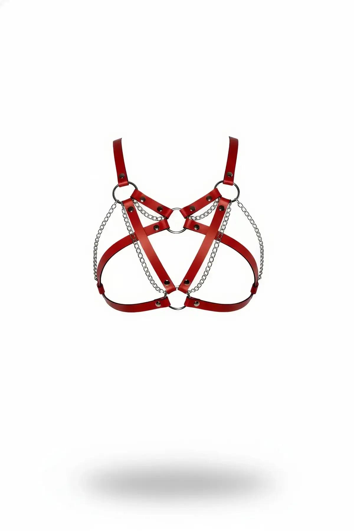 Faux Leather Strappy Harness Bra with O-Rings and Chains
