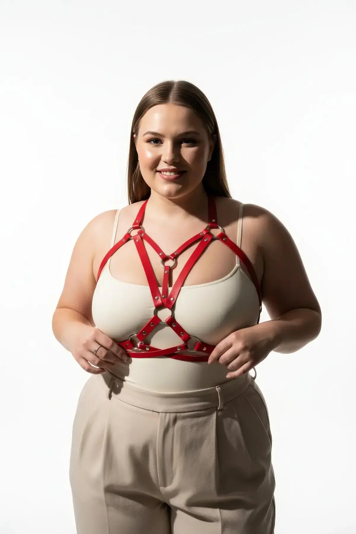 Red Caged Chest Harness with Multiple O-Rings