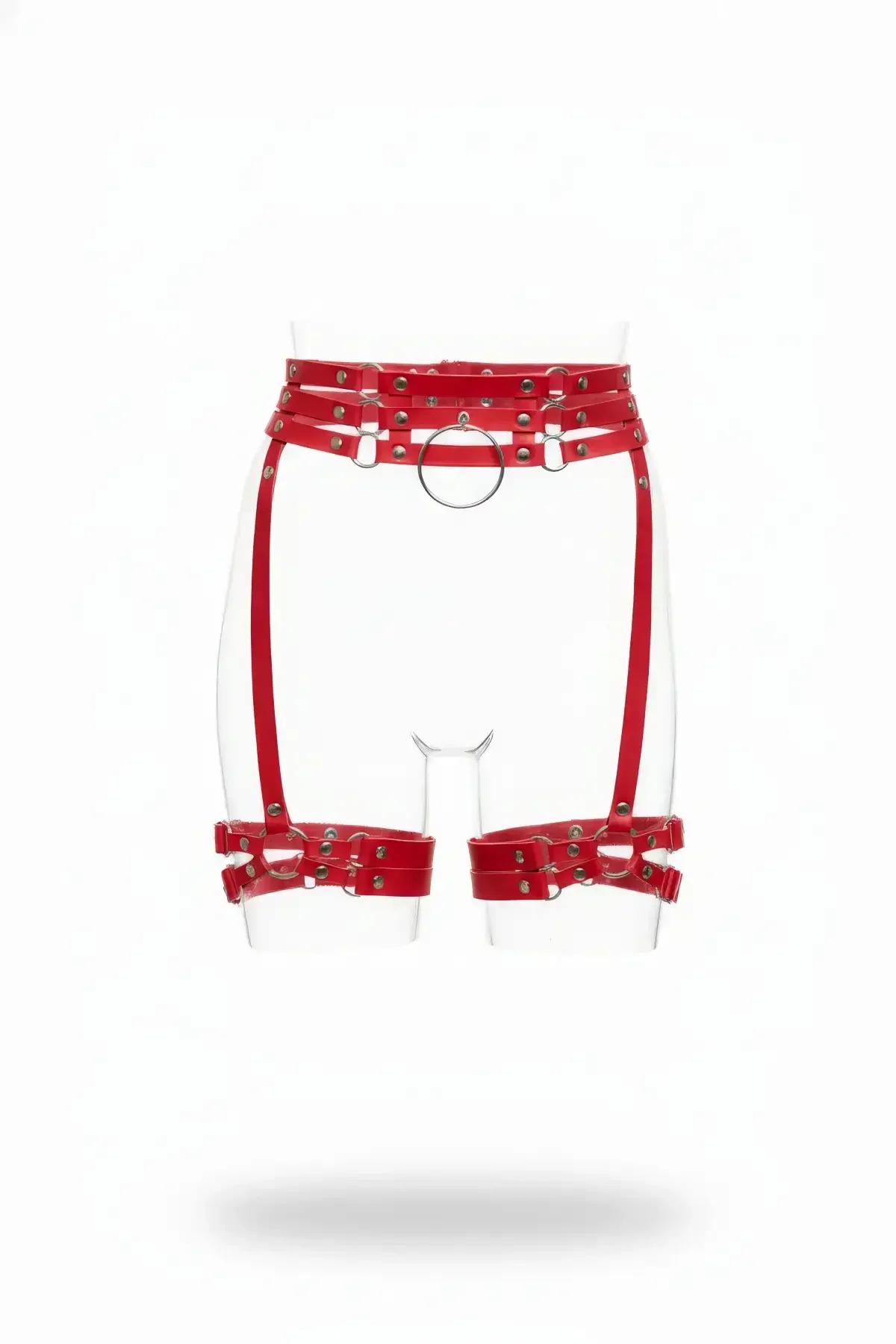 Triple-Strap Garter Harness with O-Ring & Rivet Details