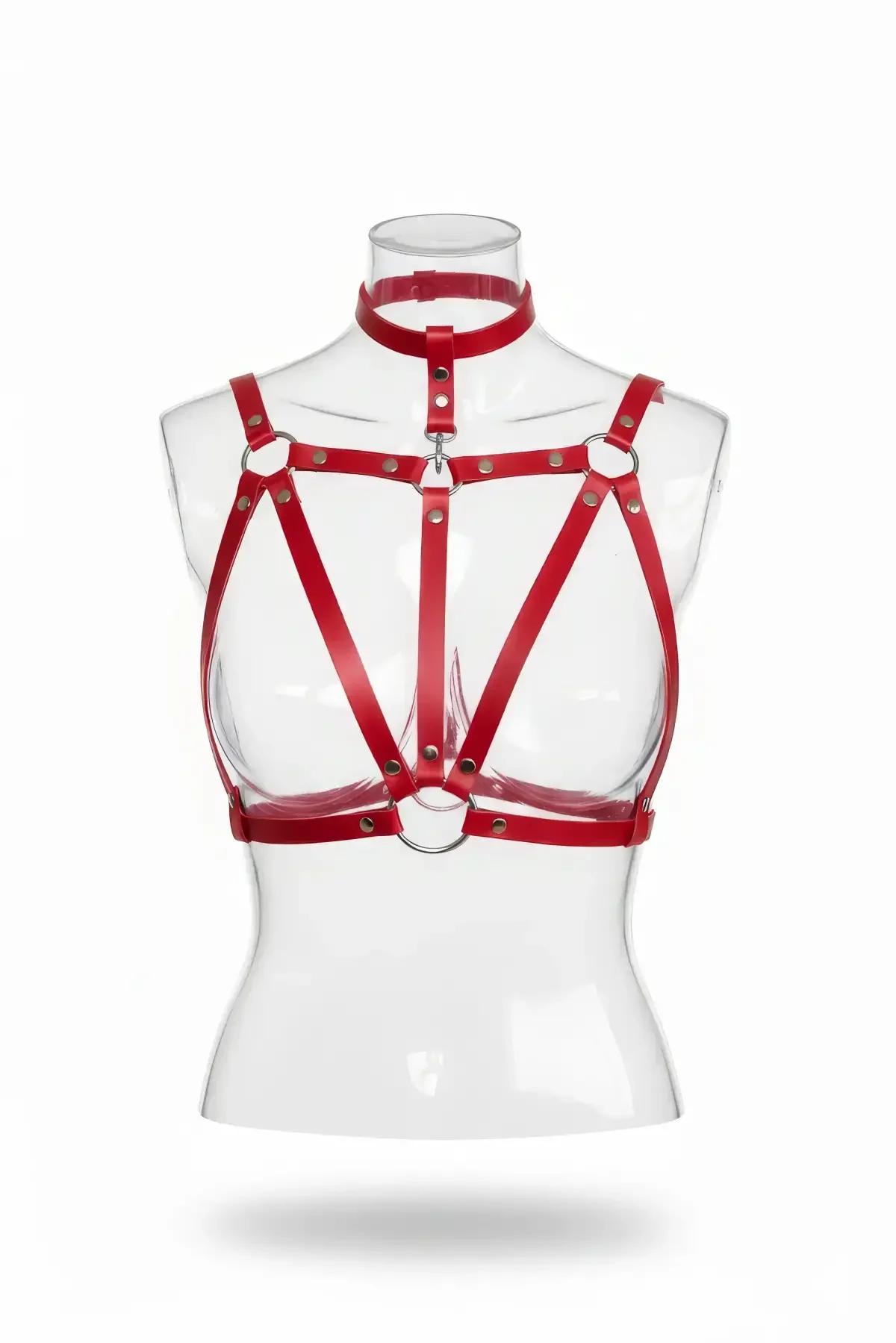 Red Faux Leather Chest Harness with O-Ring Choker