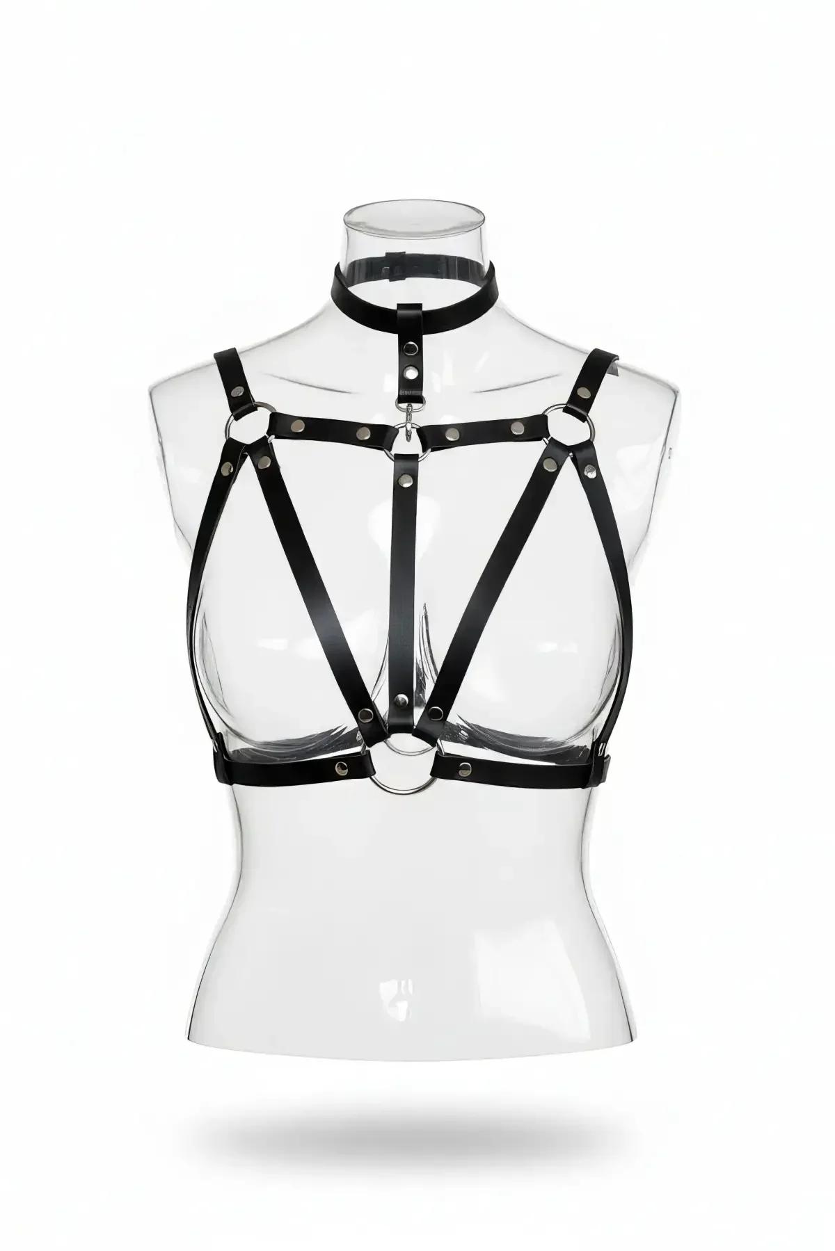 Strappy Faux Leather Harness Bra with Choker and O-Rings