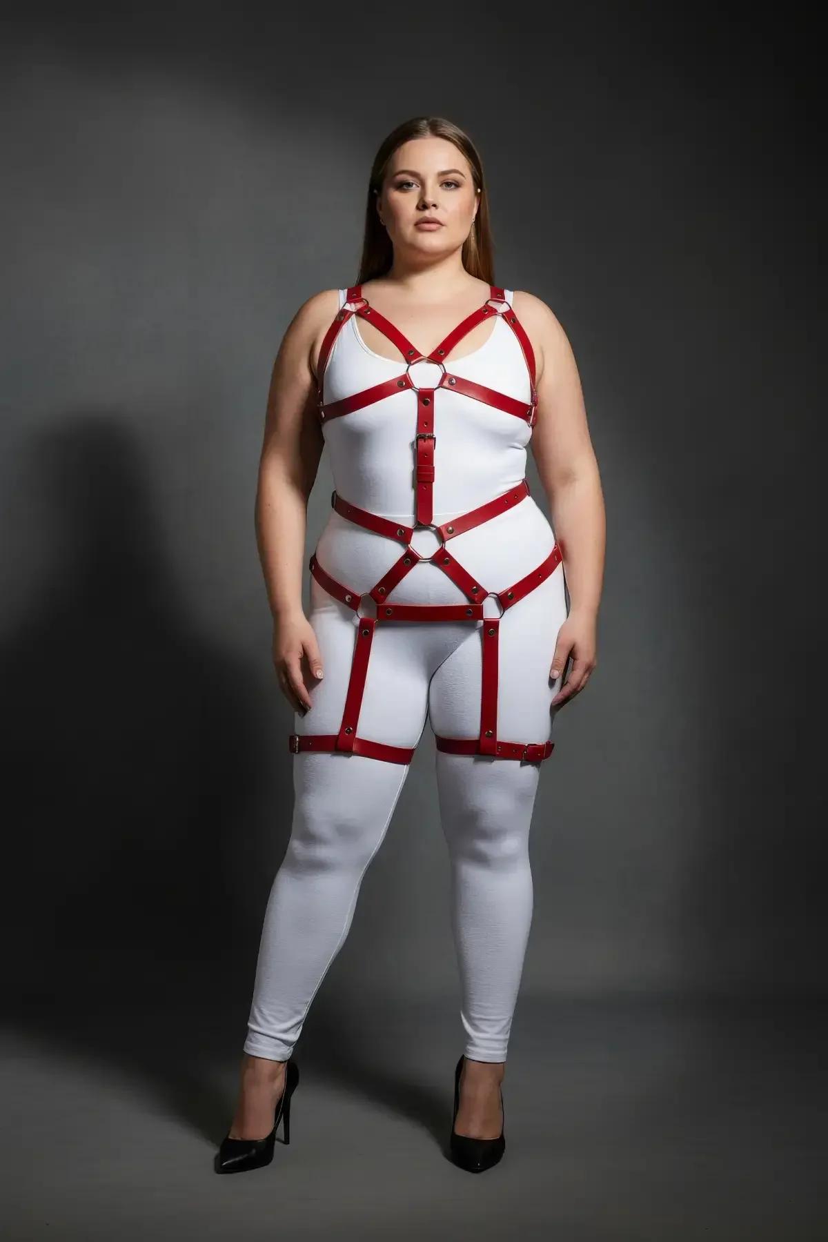 Red Faux Leather Full Body Harness with O-Rings