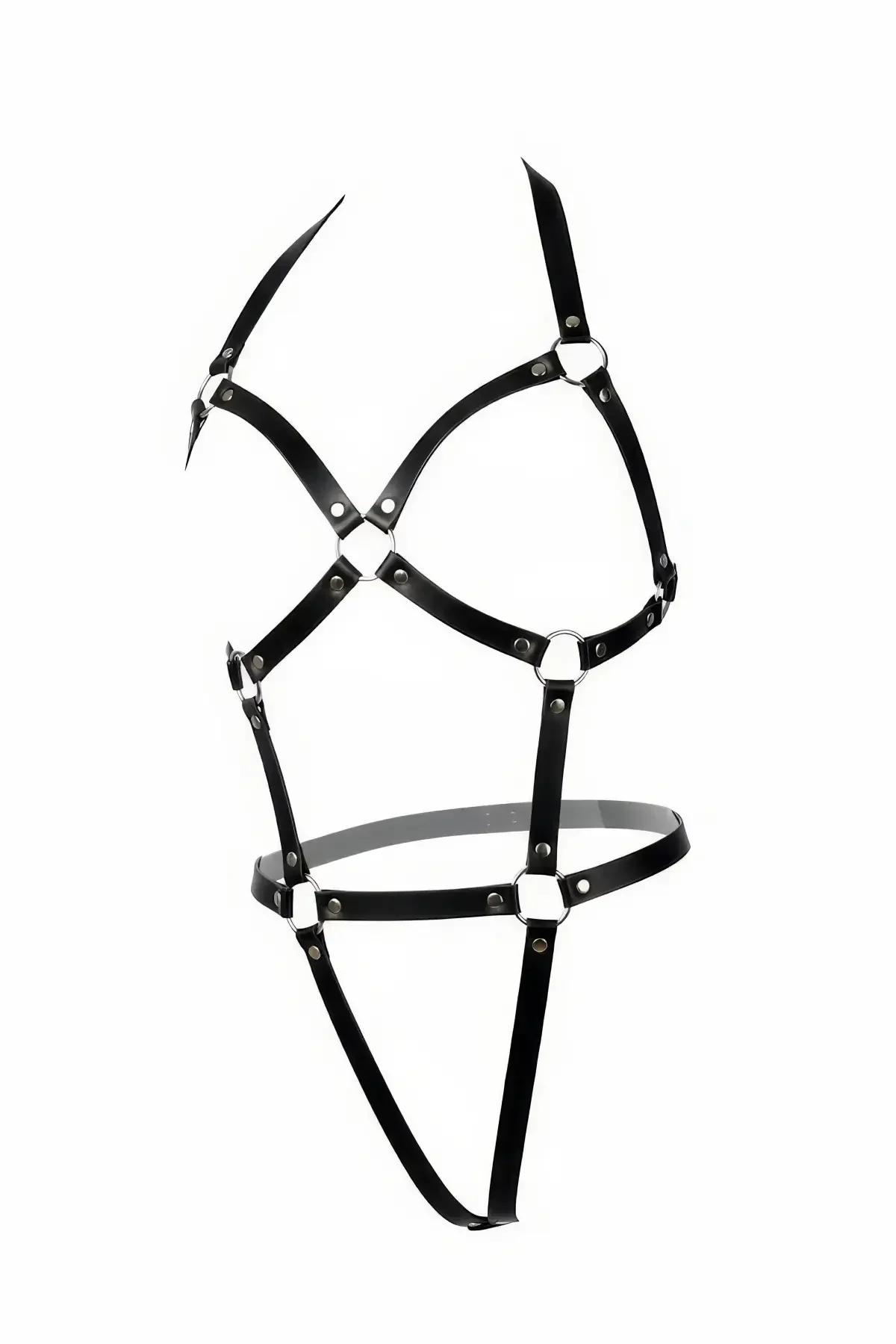 Black Body Harness Faux Leather Adjustable Cross Design