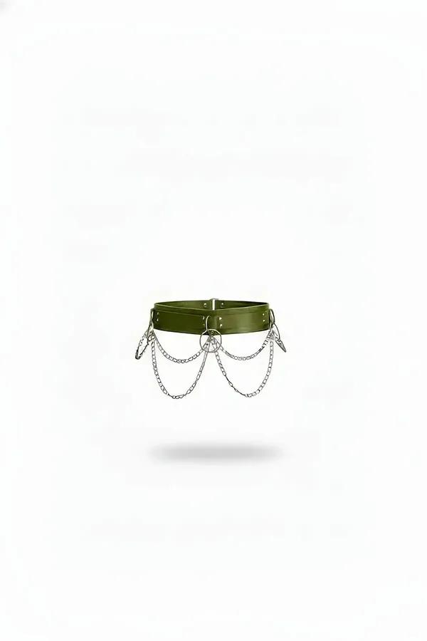 Olive Green Waist Harness with Draped Silver Chains