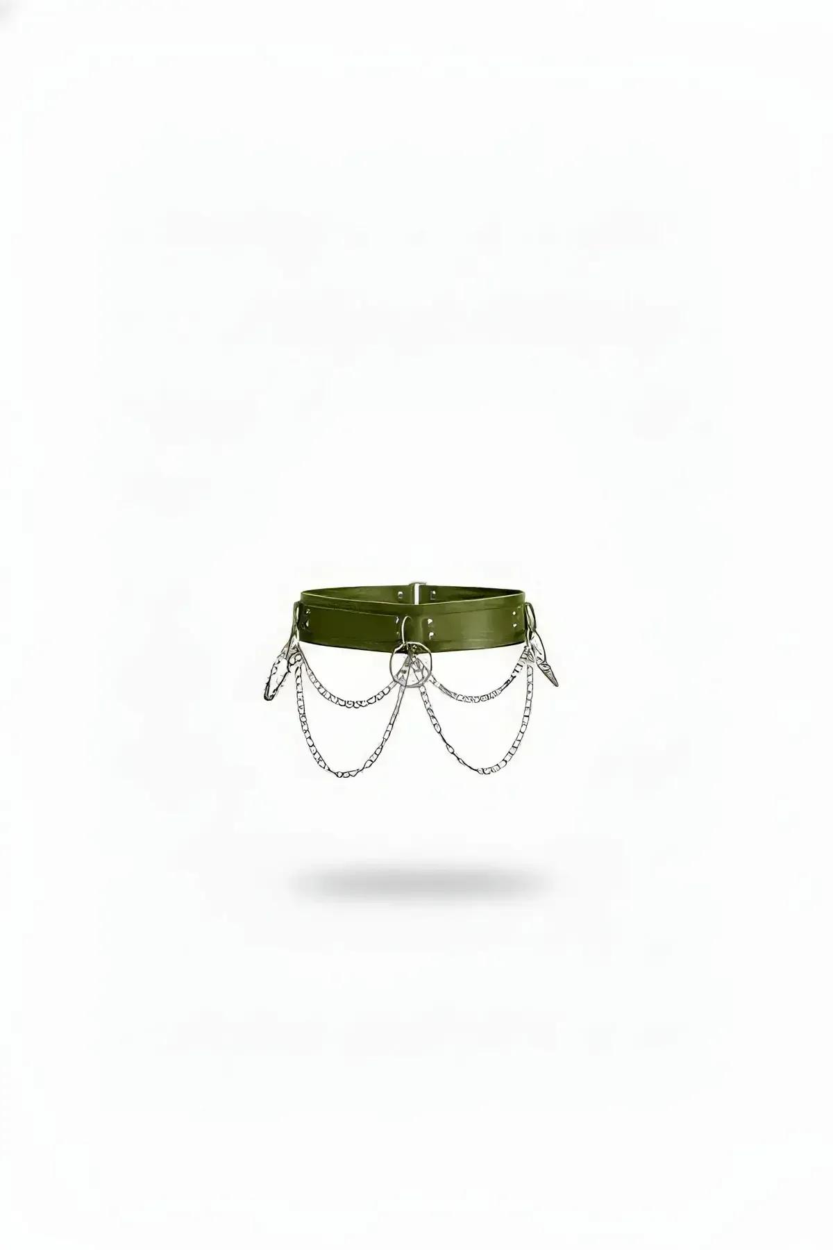 Olive Green Waist Harness with Draped Silver Chains