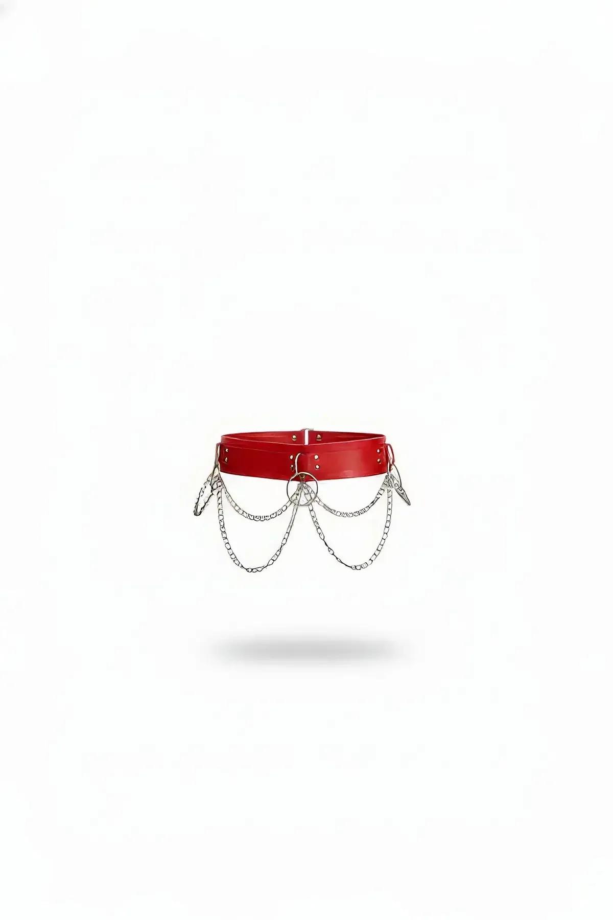 Red Faux Leather Waist Belt with Draped Chains