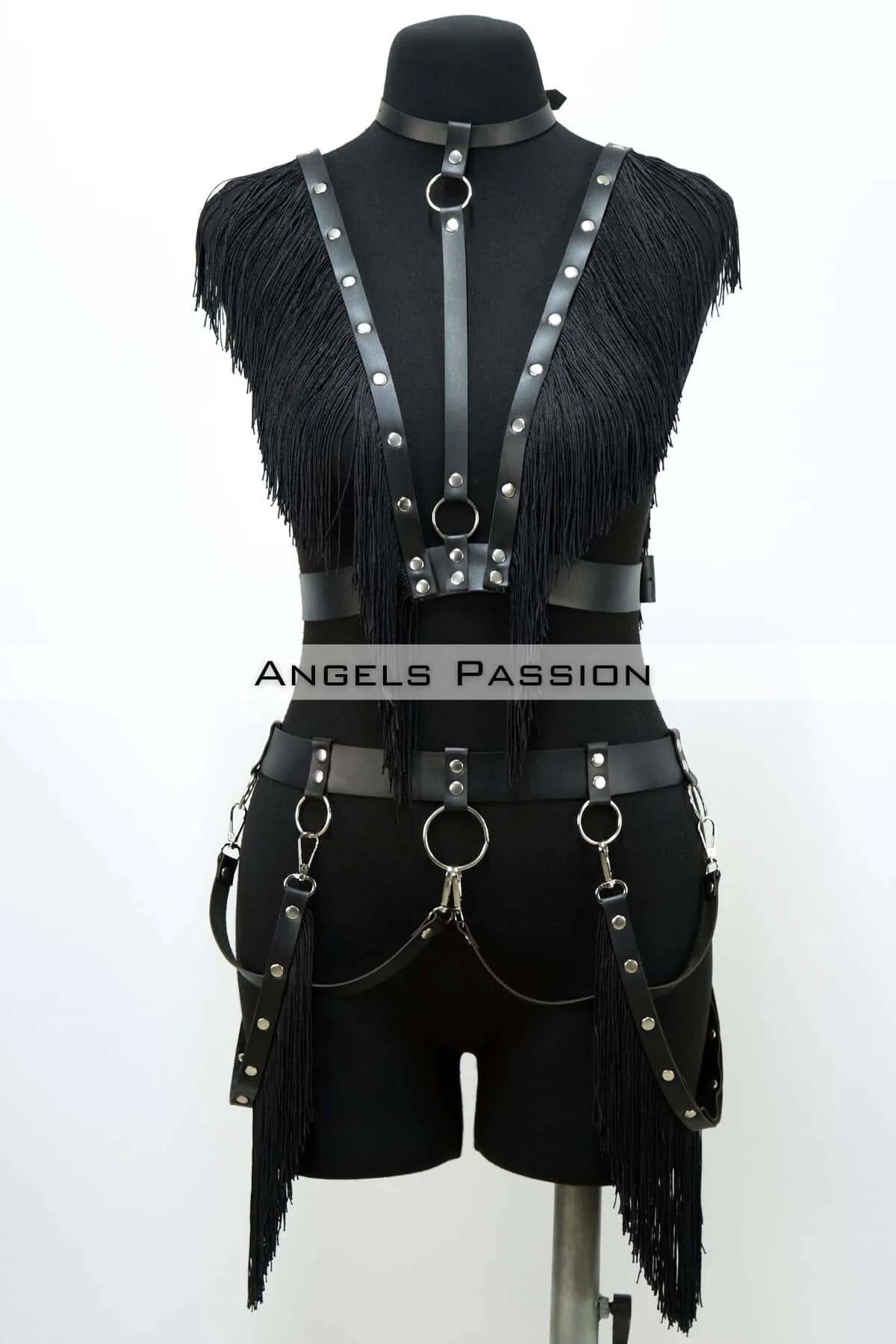 Tasseled Leather Body Harness Set with Choker and Thigh Straps