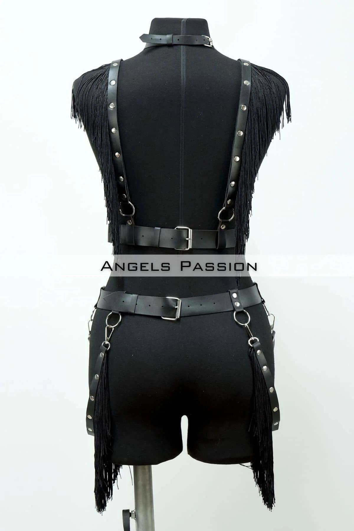 Tasseled Leather Body Harness Set with Choker and Thigh Straps
