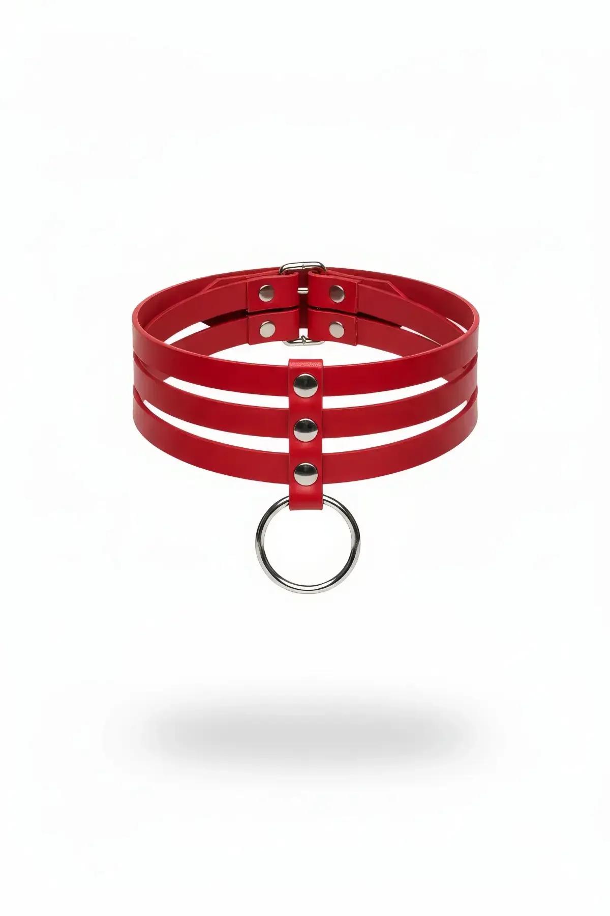 Red Triple Strap Choker with O-Ring Accent